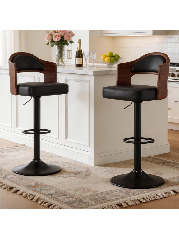ClinQ Swivel Adjustable Bar Stools Set of 2, PU Leather Upholstered Bar Chairs with Bentwood Backrest and Hydraulic Lift for Kitchen Island, Black
