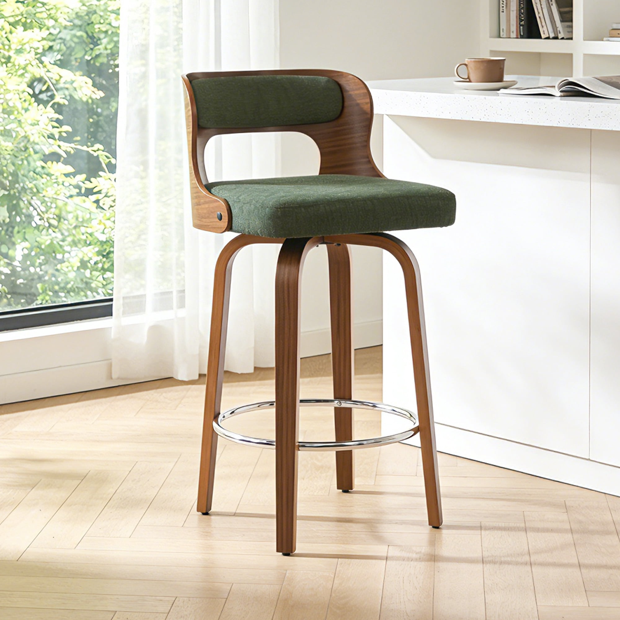 ClinQ Swivel Bar Stools Set Of 1, 26 inch Counter Height Bar Stools With Bentwood Legs And Back, Linen Fabric Seat, Green-Linen