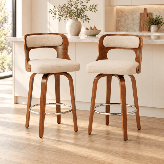 ClinQ 26 inch Swivel Bar Stools Set of 2, Counter Height Bar Chairs with Walnut Legs and Silver Ring Footrest, Upholstered Linen Fabric, Camel