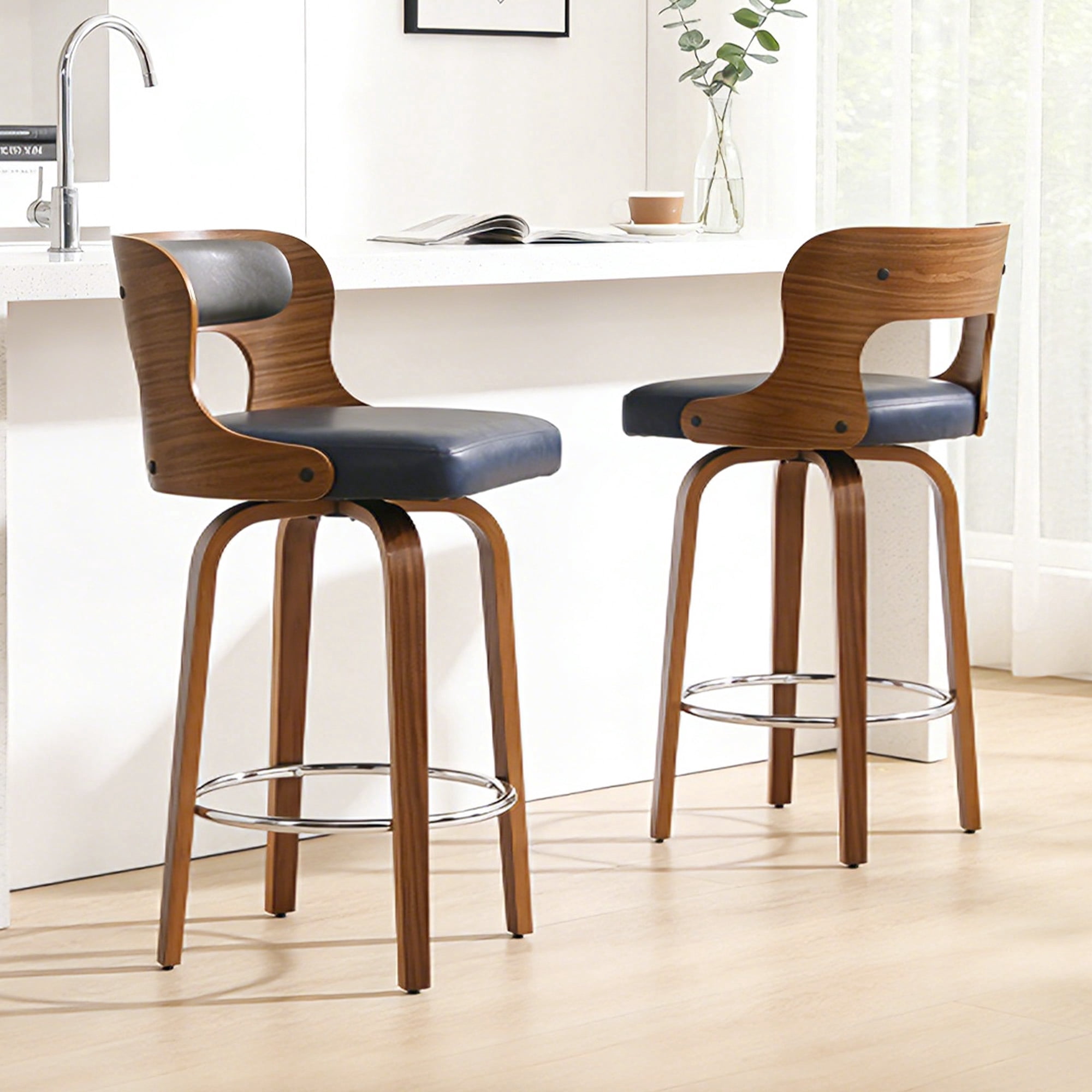 ClinQ 26 inch Swivel Bar Stools Set of 2, Counter Height Bar Chairs with Walnut Legs and Silver Ring Footrest, Upholstered Faux Leather, Blue