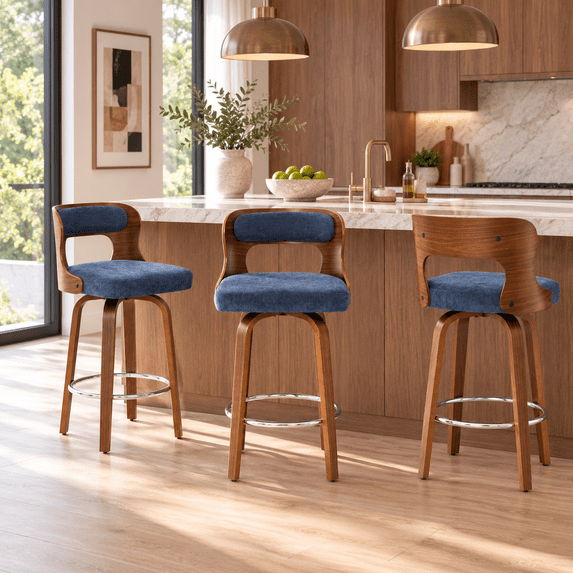 ClinQ 26 inch Swivel Bar Stools Set of 3, Counter Height Bar Chairs with Walnut Legs and Silver Ring Footrest, Upholstered Linen Fabric, Navy