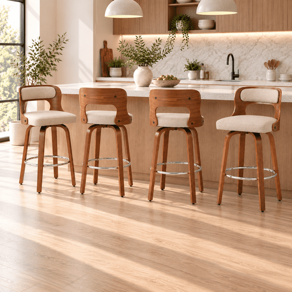 ClinQ 26 inch Swivel Bar Stools Set of 4, Counter Height Bar Chairs with Walnut Legs and Silver Ring Footrest, Upholstered Linen Fabric, Camel