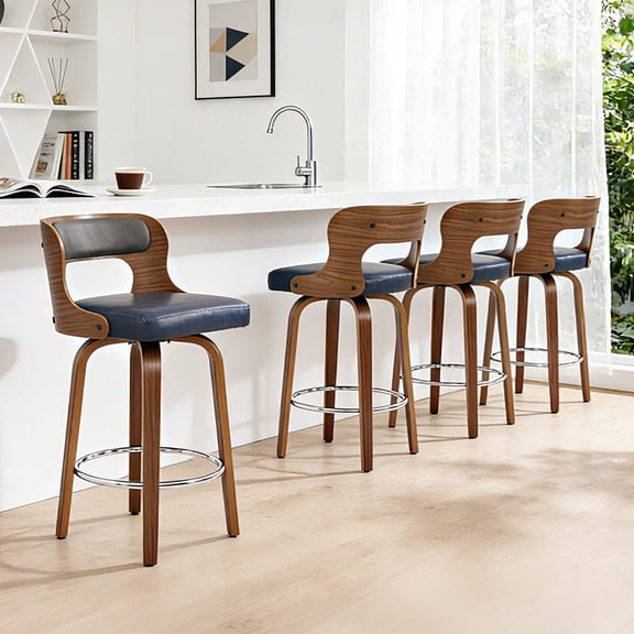 ClinQ 26 inch Swivel Bar Stools Set of 4, Counter Height Bar Chairs with Walnut Legs and Silver Ring Footrest, Upholstered Faux Leather, Blue