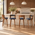 thumbnail image 1 of ClinQ 26 inch Swivel Bar Stools Set of 4, Counter Height Bar Chairs with Walnut Legs and Silver Ring Footrest, Upholstered Faux Leather, Blue, 1 of 11