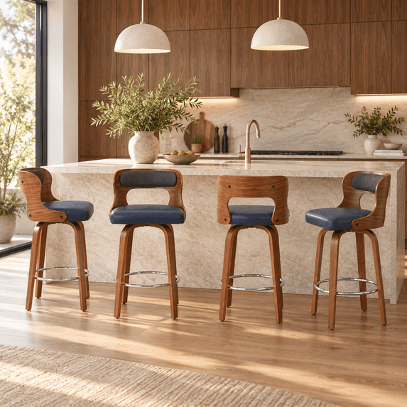 ClinQ 26 inch Swivel Bar Stools Set of 4, Counter Height Bar Chairs with Walnut Legs and Silver Ring Footrest, Upholstered Faux Leather, Blue