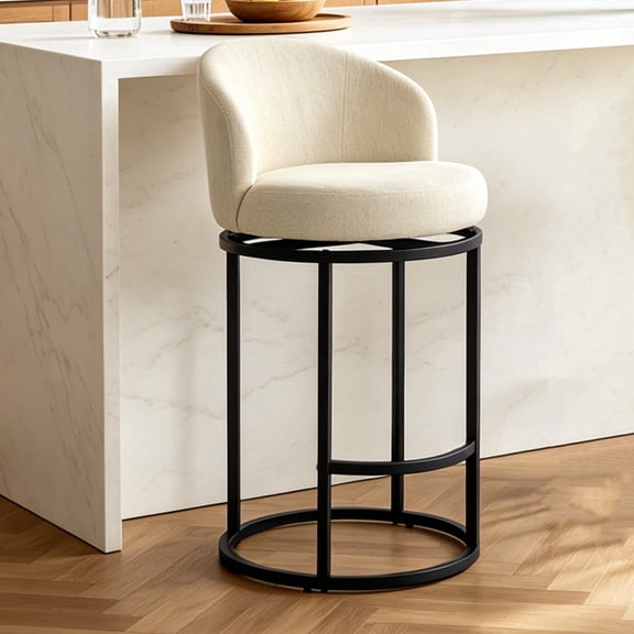 ClinQ Swivel Counter Height Bar Stools Set of 1, Fabric Upholstered Barrel Bar Chairs with Auto Return, Curved Back and Black Metal Frame, Linen