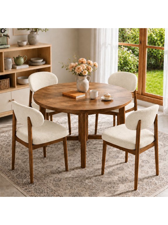 ClinQ Teddy Fleece Dining Chairs Set of 4, Modern Upholstered Kitchen Side Chairs with Curved Back, Solid Wood Legs for Dining Room, Beige