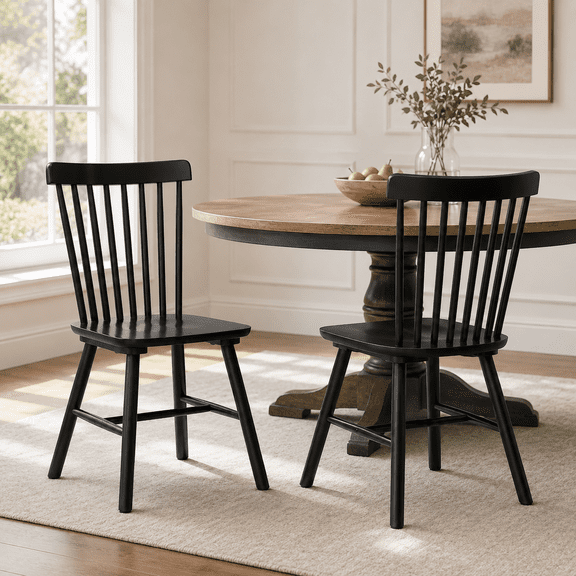 ClinQ Wooden Windsor Dining Chair Set of 2, Spindle Back, Armless, Farmhouse Kitchen and Dining Room Seating, Black