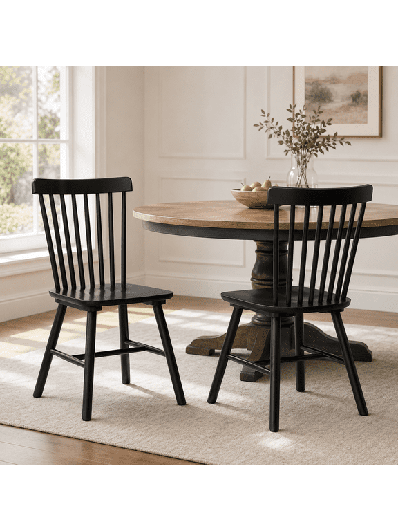 ClinQ Wooden Windsor Dining Chair Set of 2, Spindle Back, Armless, Farmhouse Kitchen and Dining Room Seating, Black