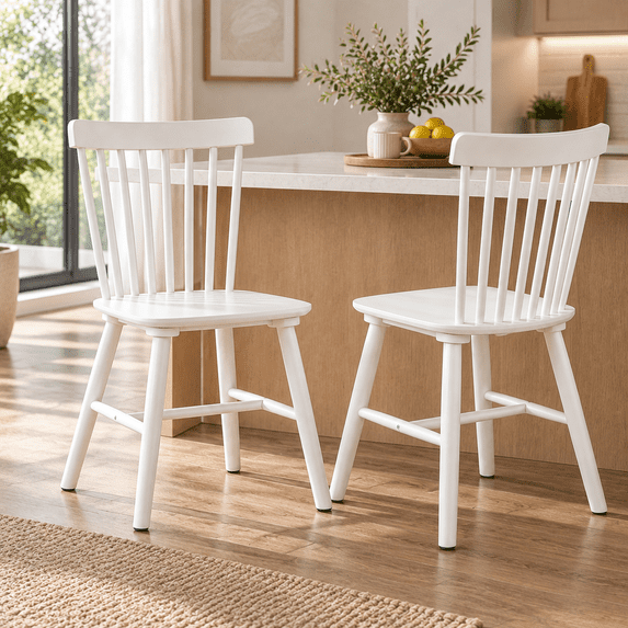 ClinQ Wooden Windsor Dining Chair Set of 2, Spindle Back, Armless, Farmhouse Kitchen and Dining Room Seating, White