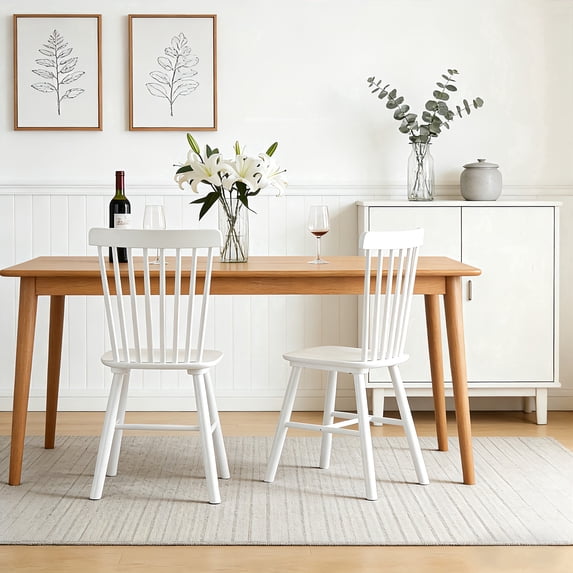 ClinQ Wooden Windsor Dining Chair Set of 2, Spindle Back, Armless, Farmhouse Kitchen and Dining Room Seating, White