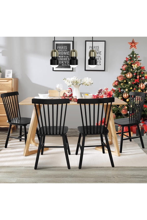 ClinQ Wooden Windsor Dining Chair Set of 4, Spindle Back, Armless, Farmhouse Kitchen and Dining Room Seating, Black