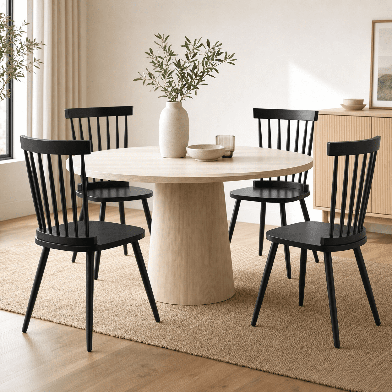 ClinQ Wooden Windsor Dining Chair Set of 4，Modern Classic Armless Kitchen Side Chairs with Sturdy Iron Legs for Dining Room, Black
