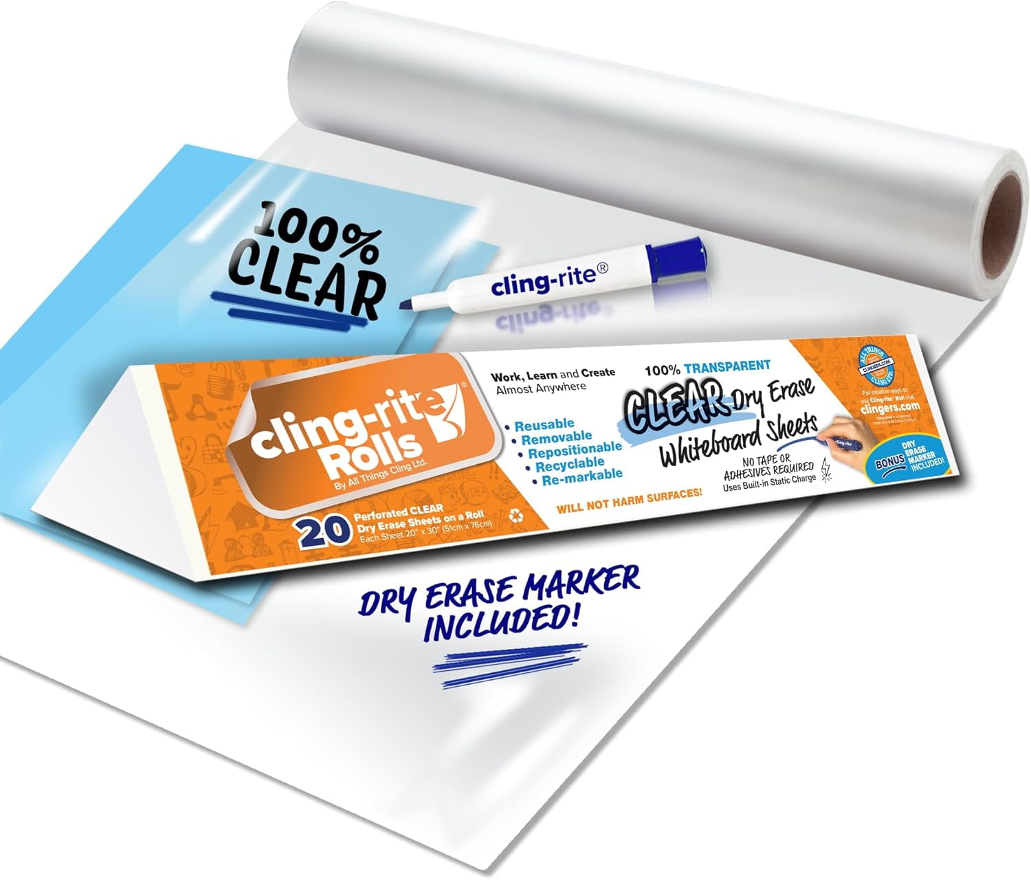 Clingers Clear Dry Erase Clingrite Rolls, Removable, Recyclable