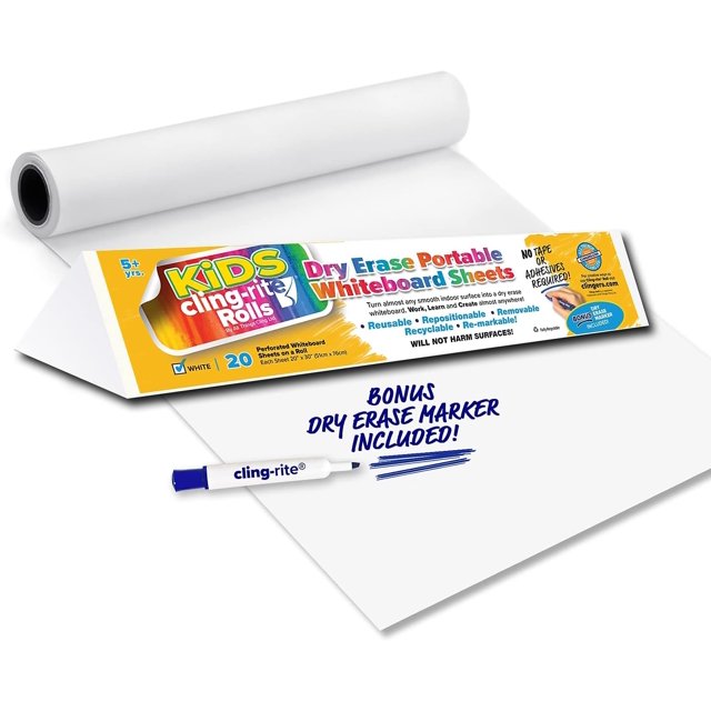 Clingers Dry Erase KIDS Clingrite Rolls, Portable Whiteboard, 50' ft