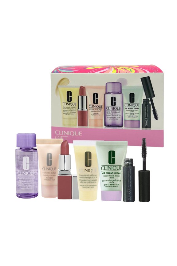 Gift Set 6pc - Makeup Remover, Liquid Facial Soap, Lotion, Overnight Mask, Mascara & Lipstick, Travel Size Skincare and Makeup Set, Fragrance-Free & Safe for Sensitive Skin