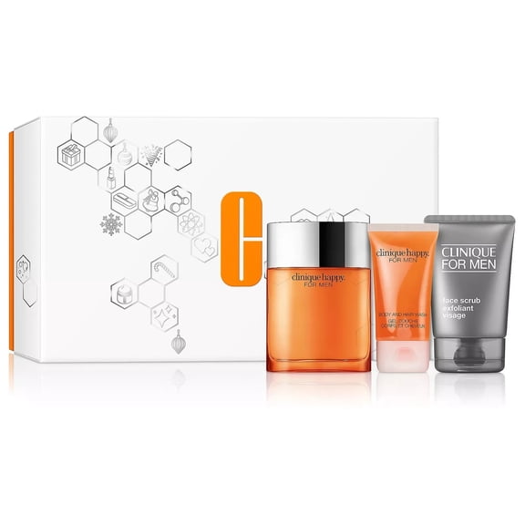 Clinique Happy For Him 3Pcs For Men Gift Set Happy Perfume Cologne Spray 3.4oz + Scrub 3.4oz + Body / Hair Wash 1.7oz