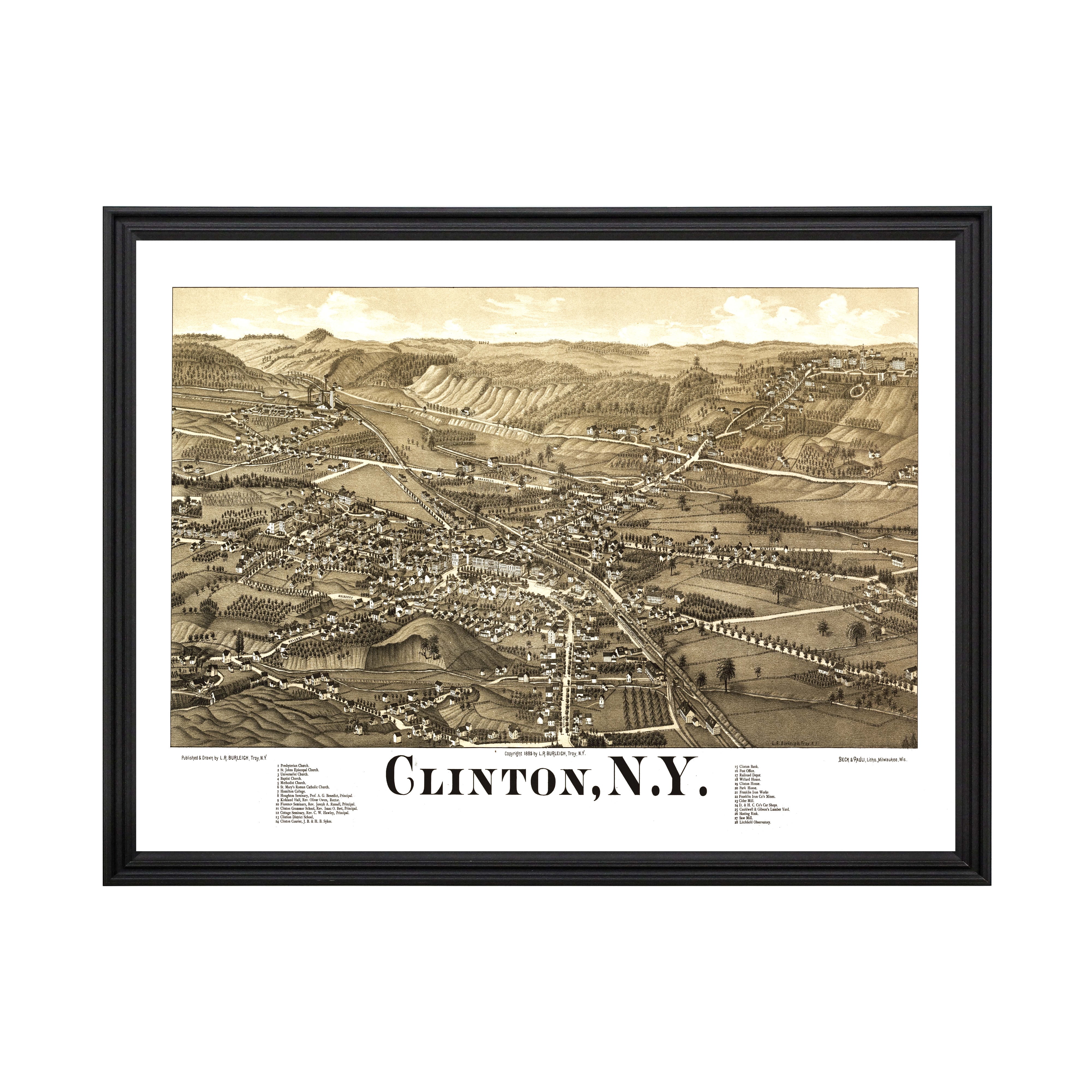 Clinton Art, 1885 Vintage Map of Clinton New York, NY History Wall