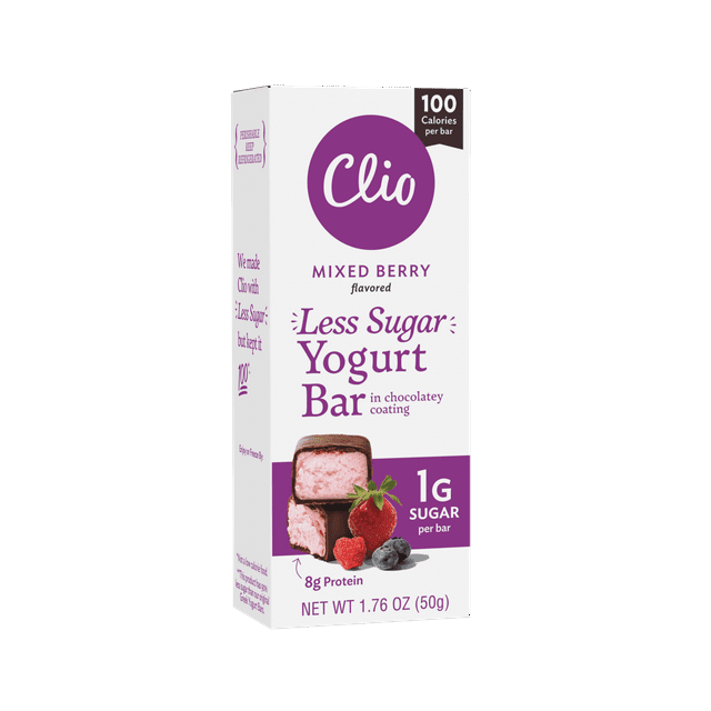 Clio Less Sugar Mixed Berry Greek Yogurt Bar in Chocolatey Coating, 1.