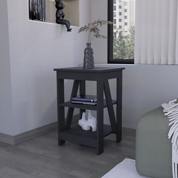 Clio Side Table with Two Shelves, Black, for Home Decor