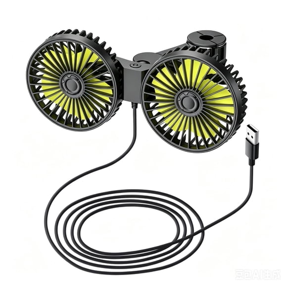 Clip On Adjustable Dual Head USB Dash Car Fan, Low Noise High Wind Auto Cooler, Front Dashboard Air Circulator for Vehicle Interior Summer Cooling Decor