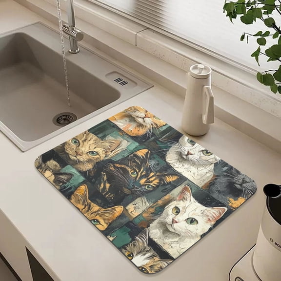 Clip Art Cat Dish Drying Mat for Kitchen Counter Absorbent Drainer Mats (15.7X11.8Inch)