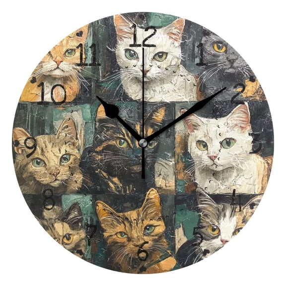 Clip Art Cat Round Wall Clock Silent Battery Operated Home Decor for Living Room Bedroom