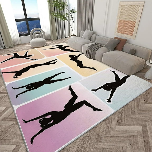 Clip Art Gymnastics Printed Carpet, Multicolored Washable Rectangle Rug, Soft Short Pile Carpet For Bedroom Dining Room Non-Slip Rug 2x3ft