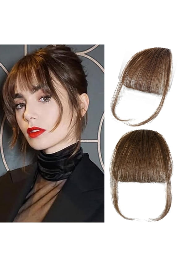 Clip In Bangs 100% Human Hair Bangs Clip In Hair Extension, Brown Human Hair Fake Bangs For Women Air Bangs Fringe With Temples Bangs Hair Clips On Faux Bangs Clip Wispy Bangs Curved Bangs For Daily