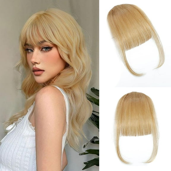 Clip in Bangs 100% Real Human Hair Extensions Wispy Honey Blonde Fake Bangs Hair Clip on bangs for women Fringe with Temples Hairpieces Faux Bangs for Daily Wear