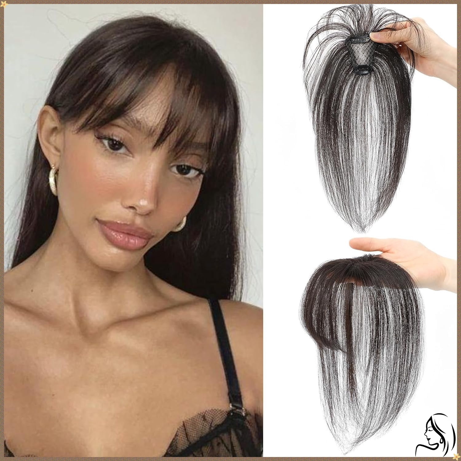 Clip On Bangs for Women Human Hair, Natural Clip-on Partial Bangs, Breathable Human Hairs Toppers, Hair Pieces for Women with Thinning Hair (Brown Black)