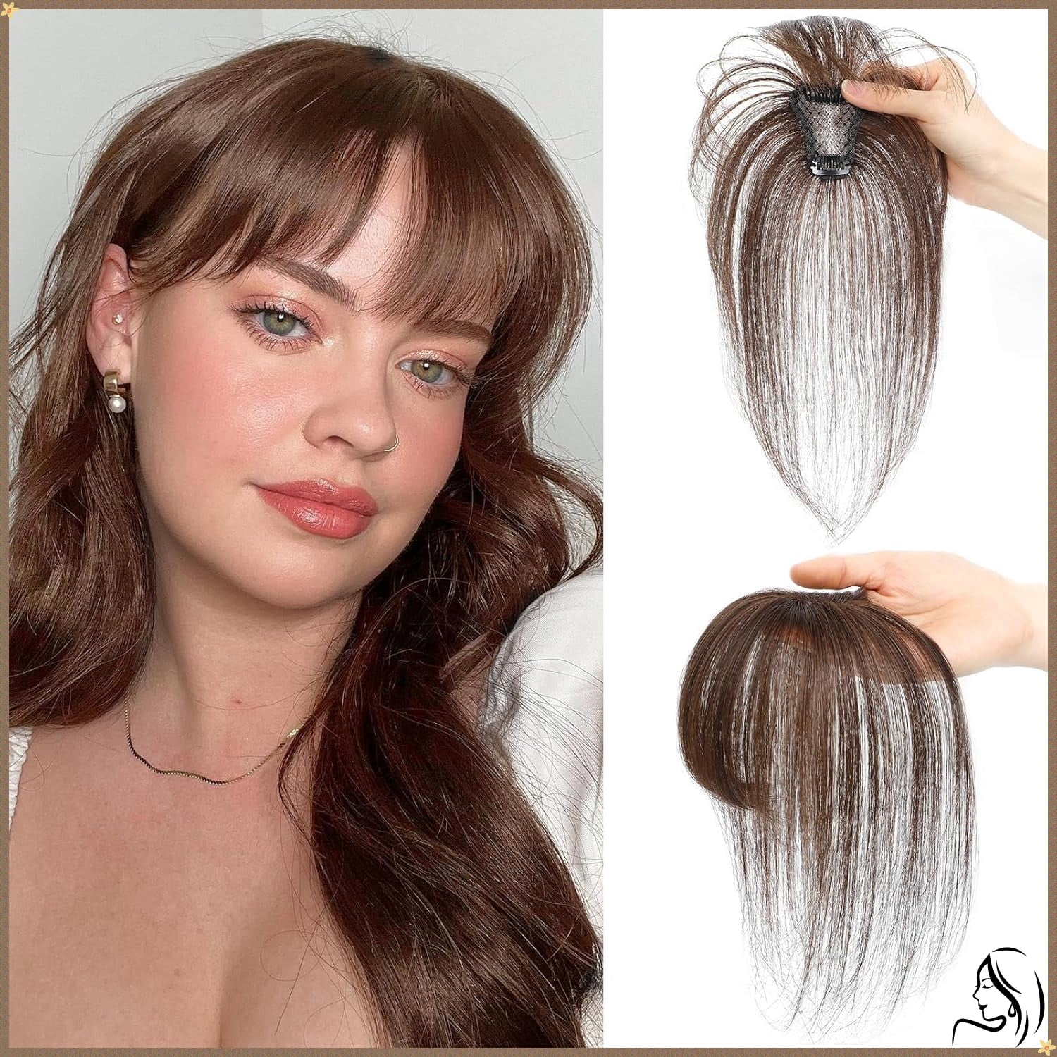 Clip On Bangs for Women Human Hair, Natural Clip-on Partial Bangs, Breathable Human Hairs Toppers, Hair Pieces for Women with Thinning Hair (Dark Brown)