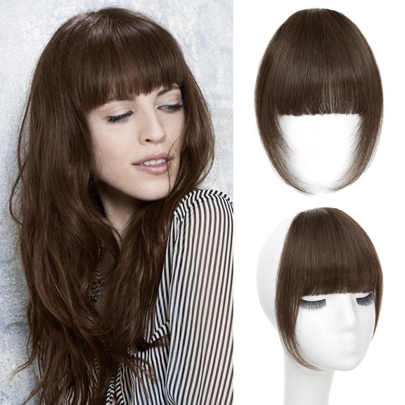 Clip In Bangs for Women, Medium Brown French Bangs Hair Clip with Temples, Real Human Hair Layered Curved Fringe for Halloween and Daily Use(Medium Brown, French Bangs)