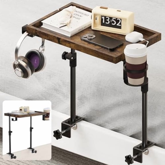 Clip On Bedside Shelf, Adjustable Bed Table with Cup Holder & Headphone Hook, Bed Tray for College Dorm, Bunk Beds, Space Saving Nightstand with Cable Management, Side Table Organizer for Bedroom