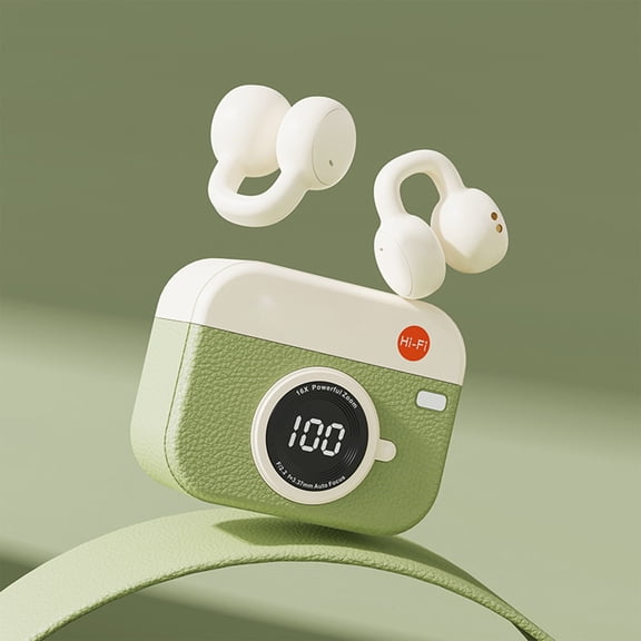 Clip On Bluetooth Earbuds Vintage Wireless Headphones with Bluetooth 5.4, Lightweight Semi In Ear Sport Earphones with Long Battery Life and Retro Camera Design