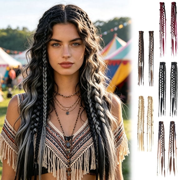Clip in Braid Hair Extensions for Women, 16" Boho Dreadlock Clip in Braids with Beads & Charms, Handmade Synthetic Braided Hairpieces for Cosplay Daily Styling, Shape A
