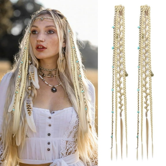 Clip in Braid Hair Extensions for Women, 20" Boho Dreadlock Clip in Braids with Beads & Charms, 2PCS Synthetic Braided Hairpieces for Cosplay Daily, Medium Blonde with Light Blonde (Light Blonde)
