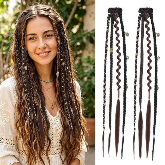 Clip in Braid Hair Extensions for Women, 20 inch Boho Dreadlock Extensions with Beads Charms, 2PCS Synthetic Braided Hairpieces for Viking Daily Dark Brown