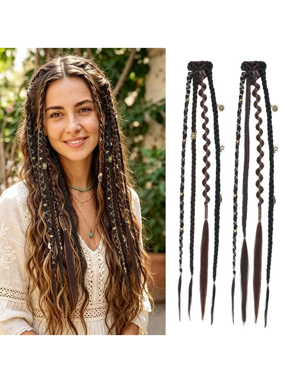 Clip in Braid Hair Extensions for Women, 20 inch Boho Dreadlock Extensions with Beads Charms, 2PCS Synthetic Braided Hairpieces for Viking Daily Dark Brown