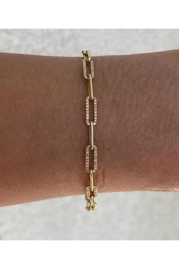 Clip Chain Bracelet 2Ct Round Cut Simulated Diamonds 14K Yellow Gold Plated 7"