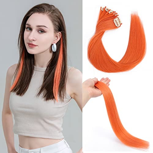 Clip in Colored Hair Extensions 100 Real Human Hair 18 inch Orange Hair Extensions Clip in Human Hair Straight Hair Hairpieces Highlights Clip in