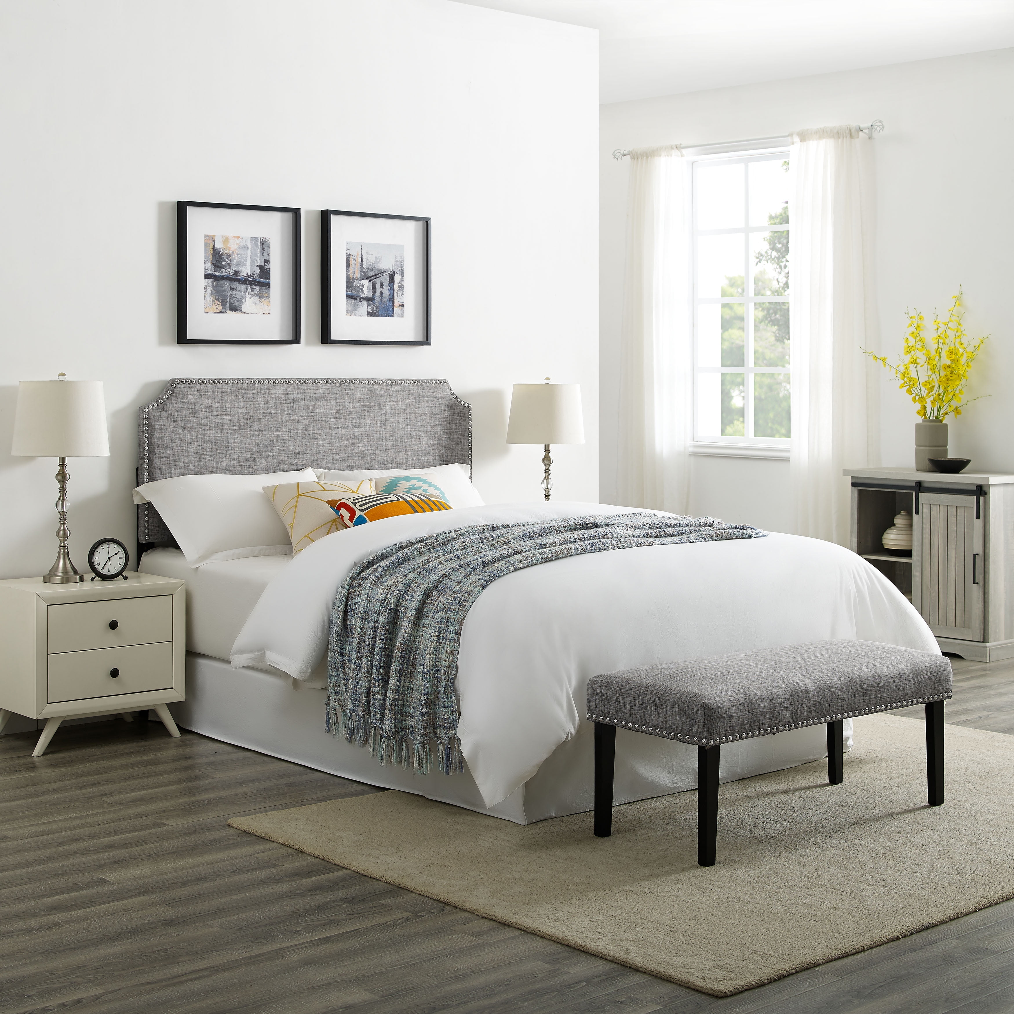 Home Fare Upholstered Queen Headboard and Bench Set in Gray Fabric