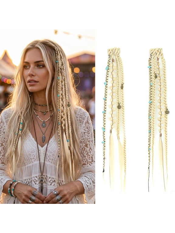 2-Pack Clip-in Dreadlocks Hair Extensions, Synthetic Single Ended Dreads, Light Blonde Dark Brown Highlighted with Gold Charms