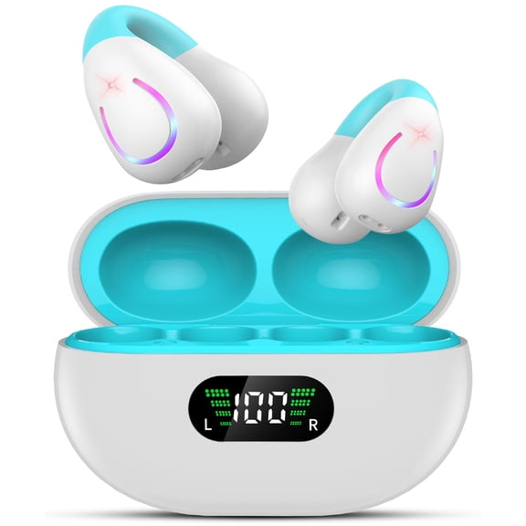 Clip On Earbuds, Bluetooth 5.3 Lightweight Comfort Bone Open Ear Headphones with LED Digital Display Charging Case Sport Built-in Mic IPX7 Waterproof for Running Fitness Android, Light Blue Y201