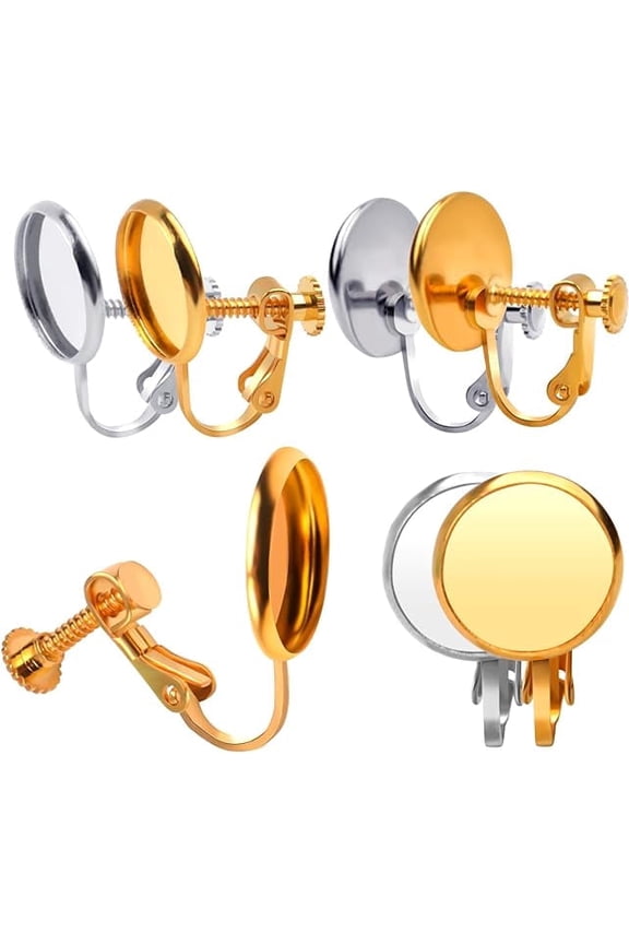 Clip Earring Cabochon Settings, 16 Pieces Brass Screw Base Clip-on Earrings with Blank Flat Round Trays for Non Pierced Ear DIY Domed Cabochons Earrings - 12mm Tray