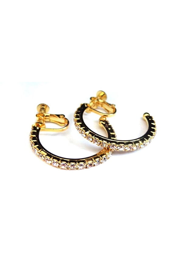 Clip Earrings 1 inch Hoop Crystal Pave Gold Tone Hoop Earrings