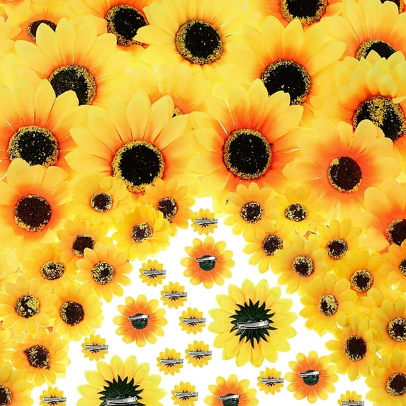 Clip on Fake Sunflowers, Artificial Sunflower Heads with Clips, Faux Silk Sunflower, Yellow Flowers Head for Christmas Tree Wedding Bouquets DIY Craft Decor, 3.7 Inch, 3 Inch, 1.6 Inch (50 Pieces)