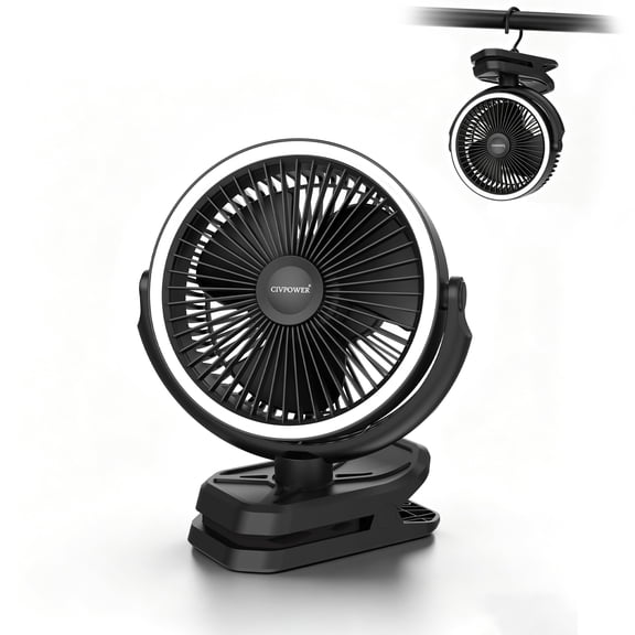 Clip on Fan 16000mAh: Portable Rechargeable Clamp Fan for Stroller Bed Camping Tent Golf Cart - Quiet Battery Operated with 3 Speed Strong Airflow LED Light Hook for Office Desk Outdoor (Black)