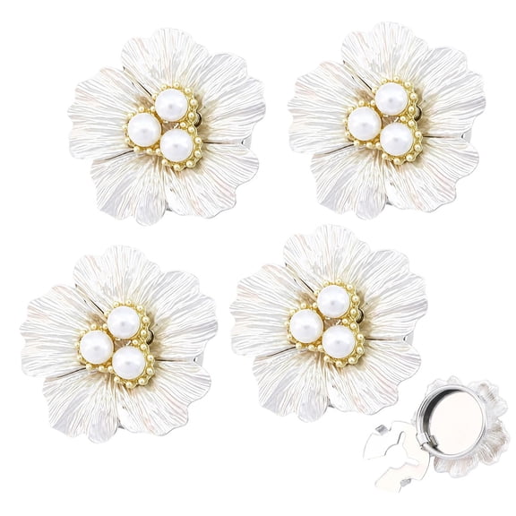 Clip On Flower Button Covers with Pearl Accent, No Sew Decorative Shirt Buttons for Blouses Shirts Cardigans, Reusable Metal Button Accessories for Women(Silver-4pcs)Q