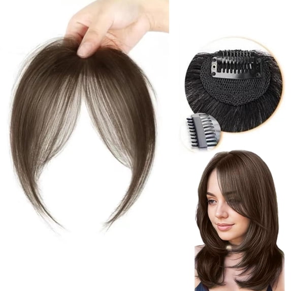 Clip In Fringe Bangs Hairpieces for Women, Natural Looking Wispy Curved Bangs Hair Extension with Side Temples for Daily Wear Styling(Coffee,One Size)